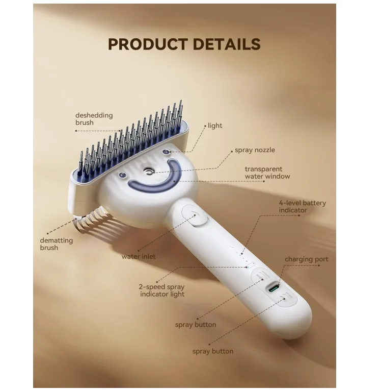 Pet Steam Brush Double-Sided Rechargeable Grooming Massage Brush Two Spray Levels