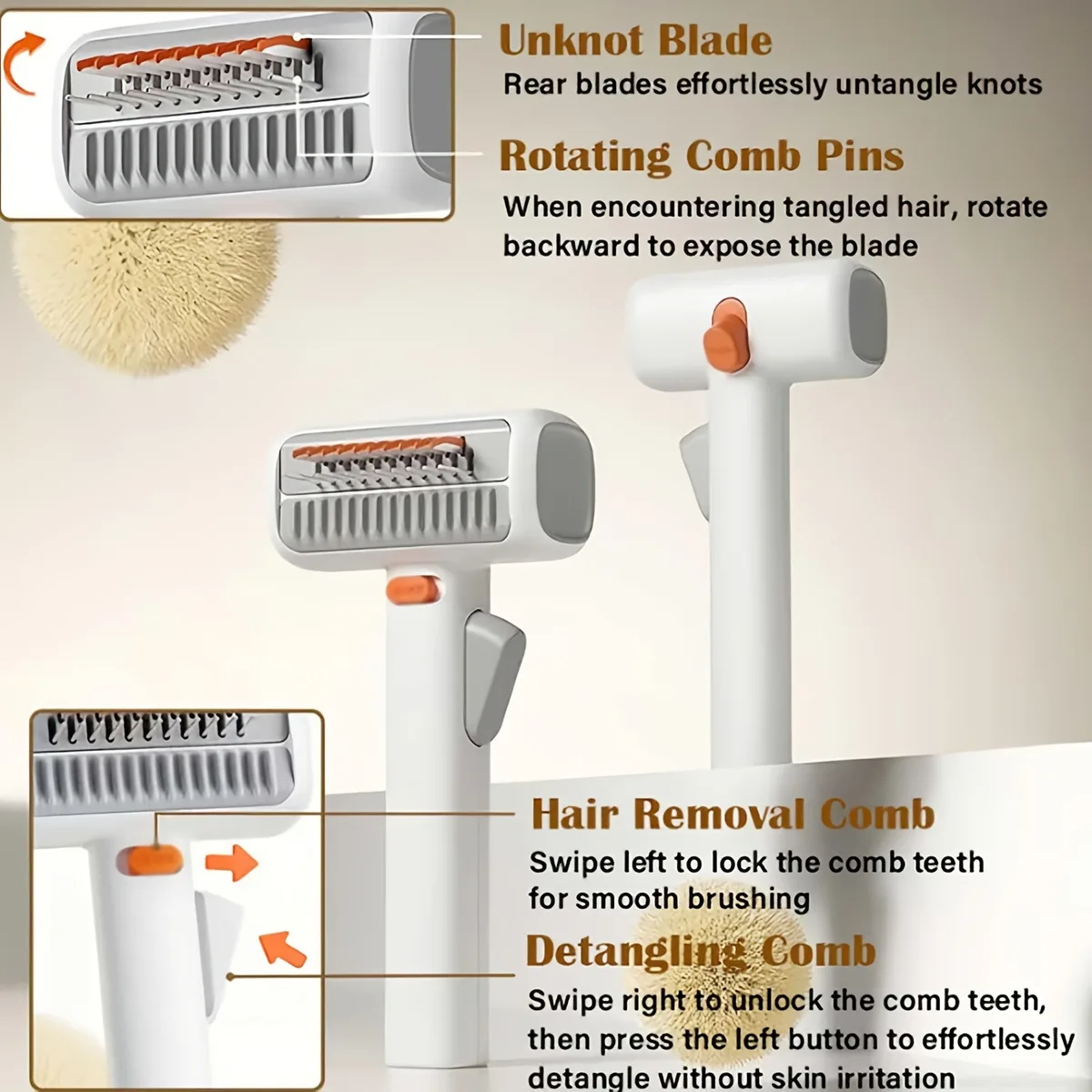 2-in-1 Pet Grooming Brush Detangler Comb One-Click Clean Deshedding Tool - detail