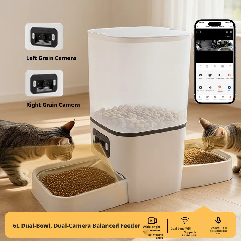 6L Smart WiFi Pet Feeder HD Camera Voice Recording Double Bowls Automatic