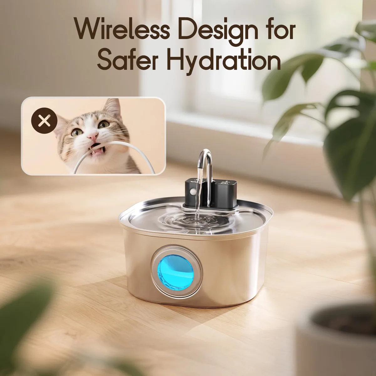 3.2L Stainless Steel Wireless Cat Water Fountain 4000mAh Battery Automatic - detail