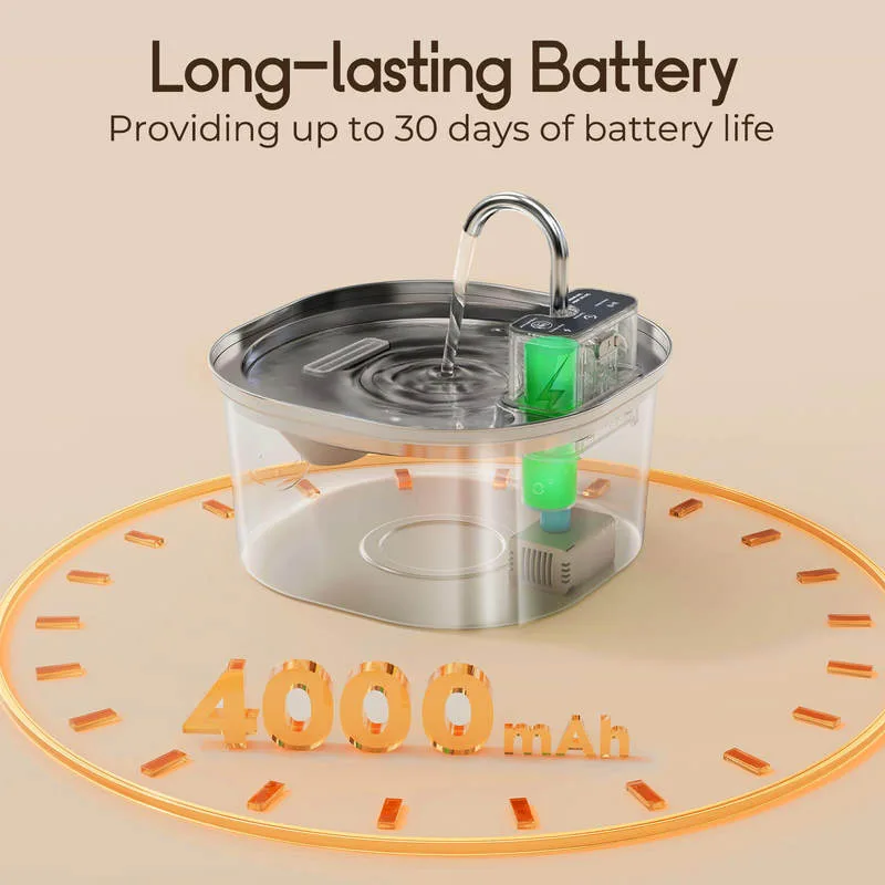 3.2L Stainless Steel Wireless Cat Water Fountain 4000mAh Battery Automatic