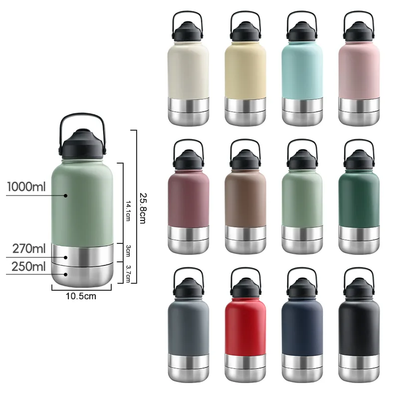 32oz 3 in 1 Portable Stainless Steel Pet Travel Water Bottle with Food Container - detail