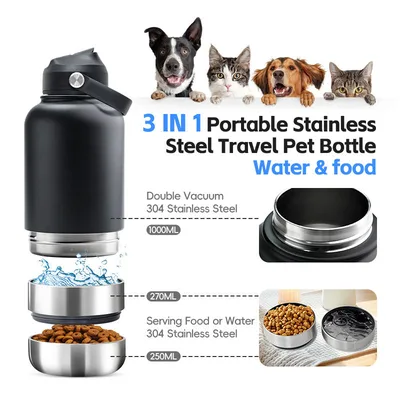 32oz 3 in 1 Portable Stainless Steel Pet Travel Water Bottle with Food Container