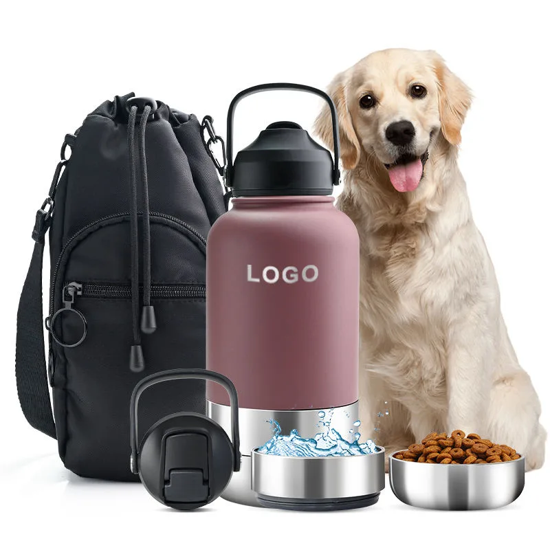 32oz 3 in 1 Portable Stainless Steel Pet Travel Water Bottle with Food Container