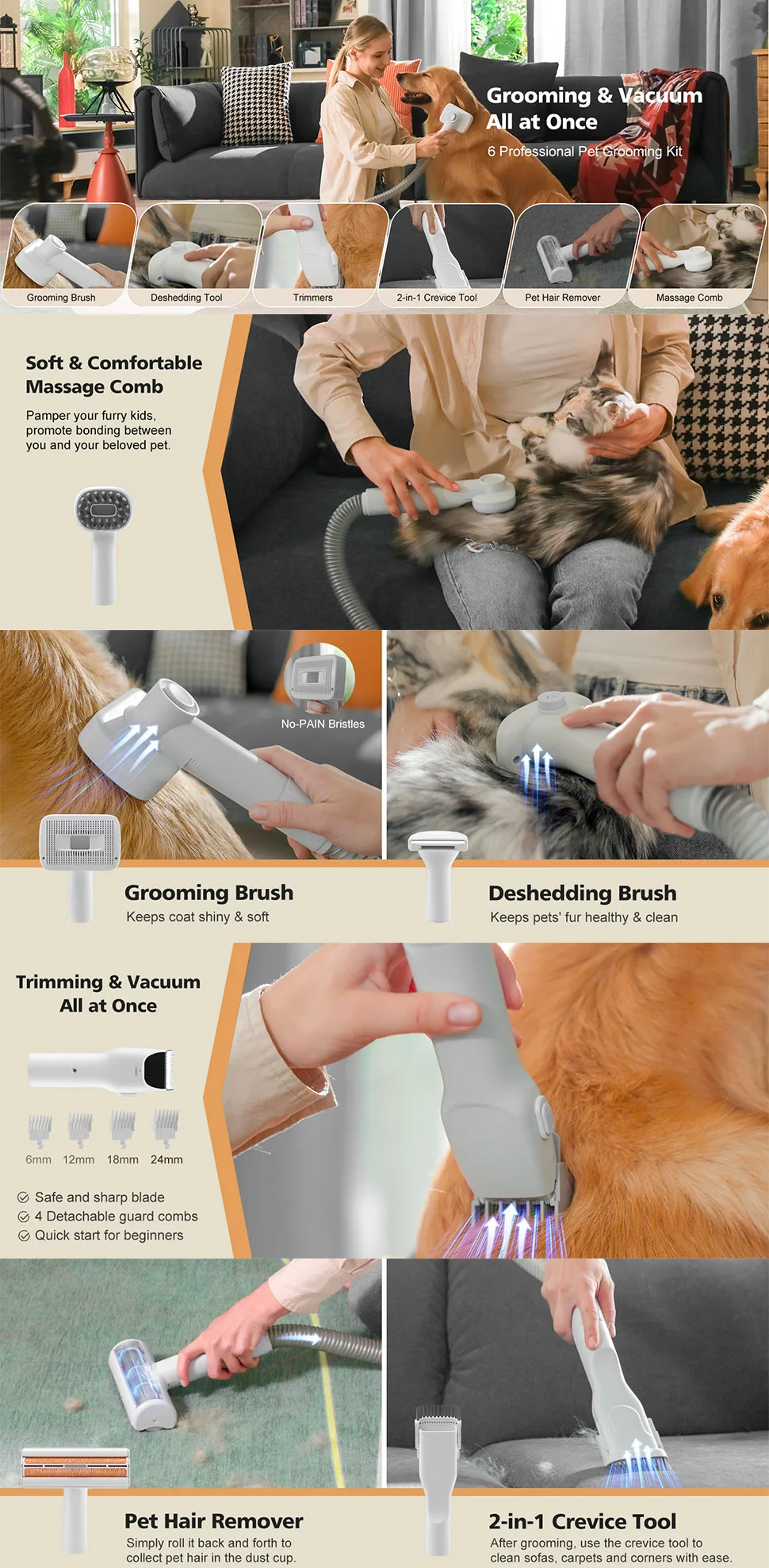 Pet Vacuum Cleaner Electric Clipper Slicker Grooming Brush Kit Dog Cat - detail